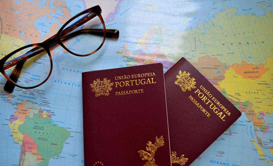 Portugal passport placed on the map