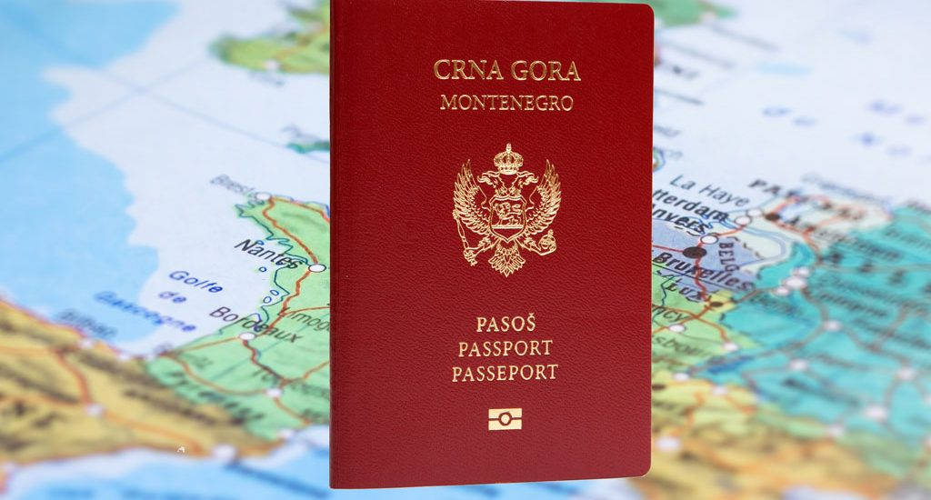 montenegro passport placed on the map